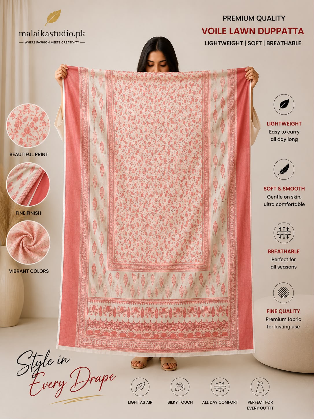 Premium Voile Lawn Printed Dupatta – Soft &amp; Lightweight | Single Piece