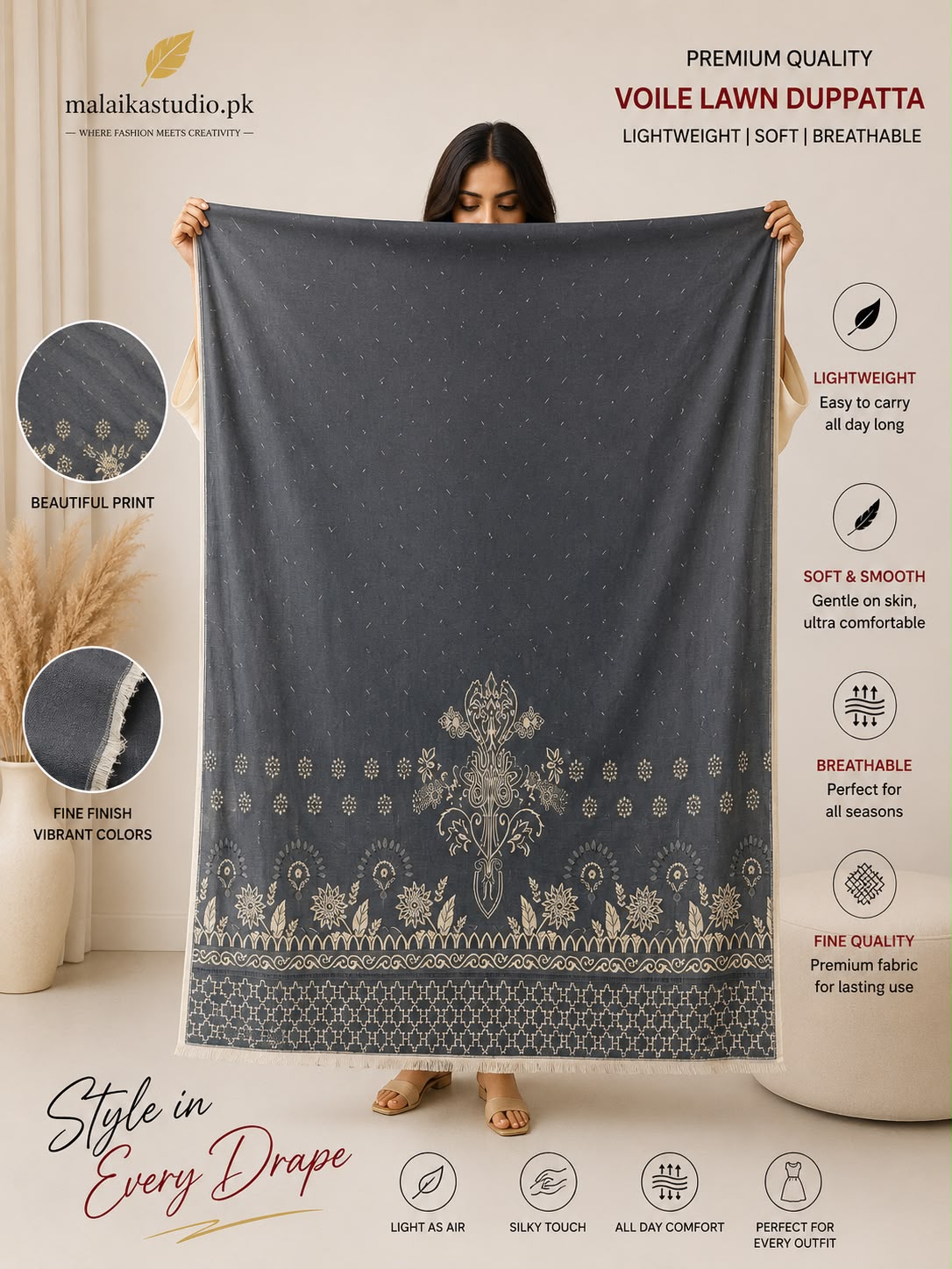Premium Voile Lawn Printed Dupatta – Soft &amp; Lightweight | Single Piece
