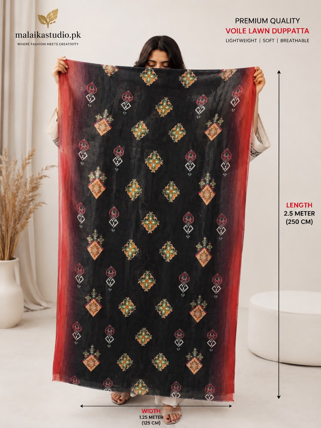 Premium Voile Lawn Printed Dupatta – Soft &amp; Lightweight | Single Piece