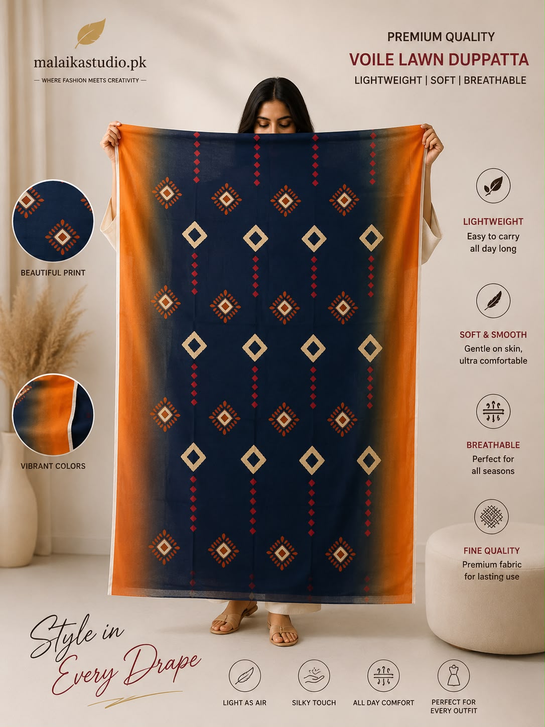 Premium Voile Lawn Printed Dupatta – Soft &amp; Lightweight | Single Piece
