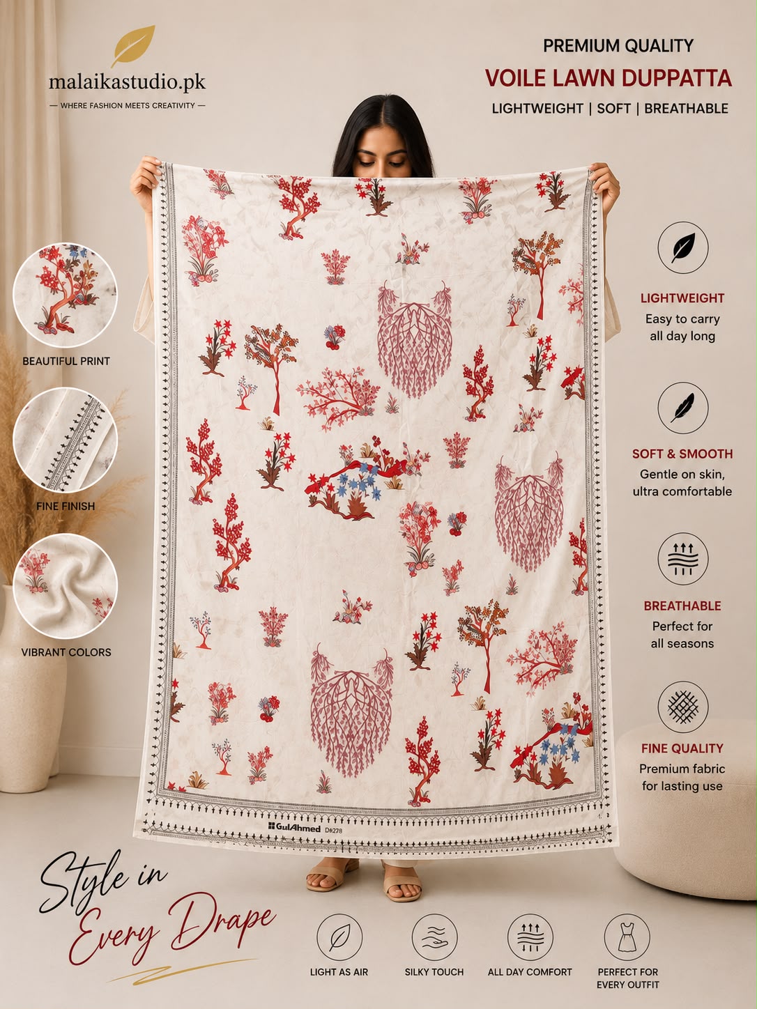 Premium Voile Lawn Printed Dupatta – Soft &amp; Lightweight | Single Piece