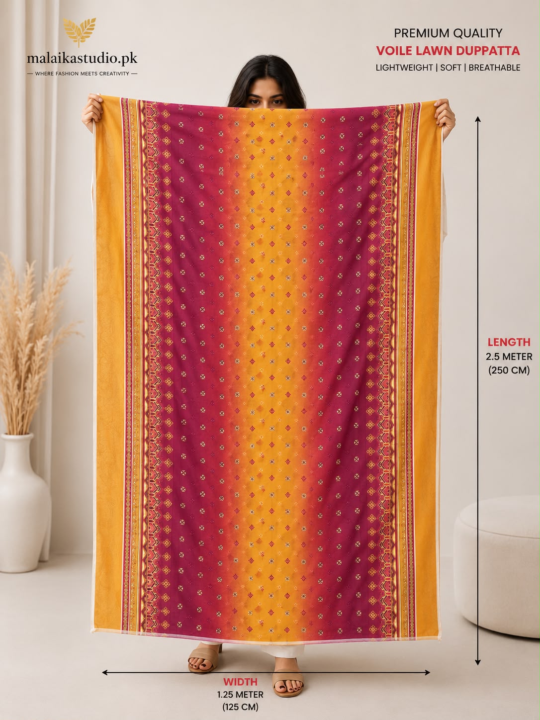 Premium Voile Lawn Printed Dupatta – Soft &amp; Lightweight | Single Piece